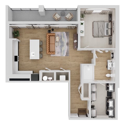 A top-down view of a modern apartment layout.